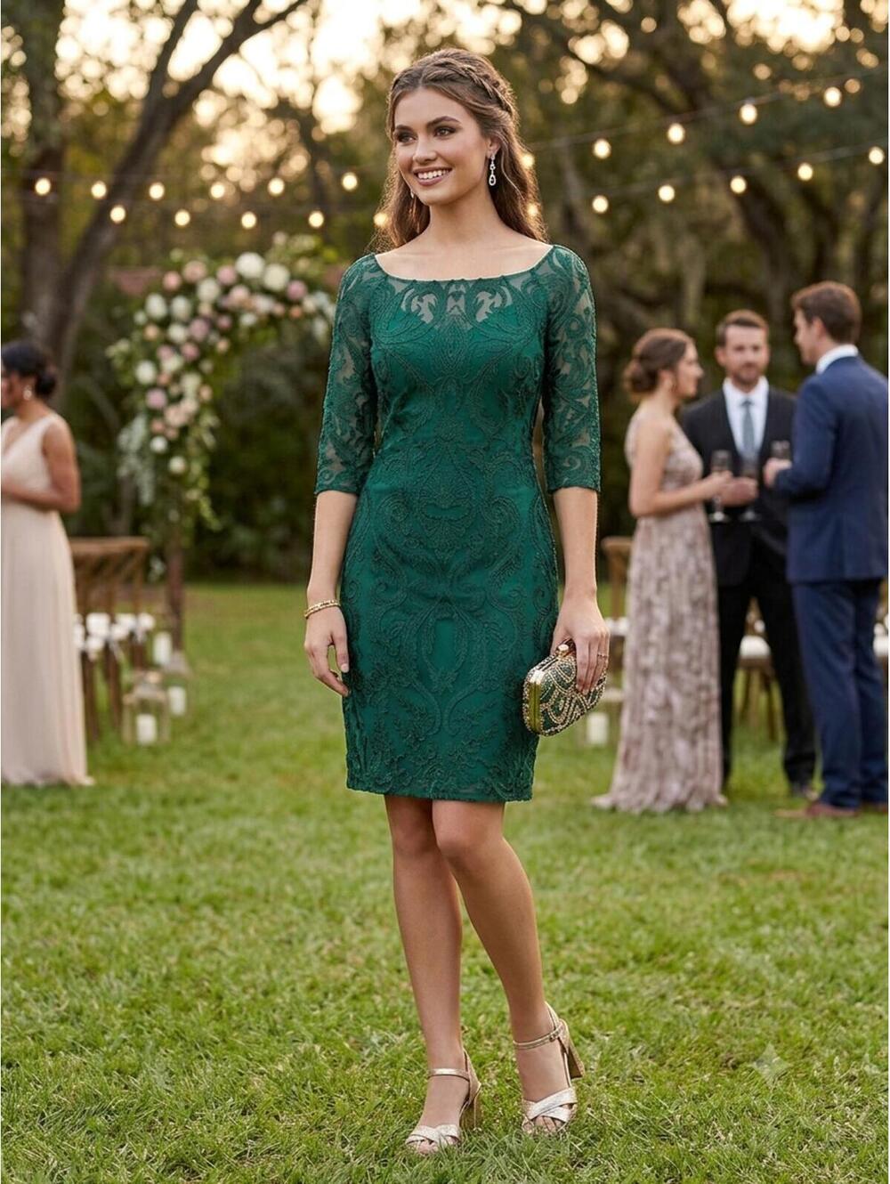 JJS House Dark Green Lace Sheath Cocktail Dress 3/4 Sleeve